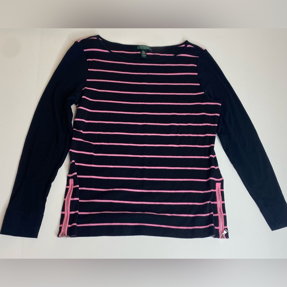Lauren Ralph Lauren Large Pink Striped Sweater Shirt Soft Chic Preppy‎ - Picture 6 of 14